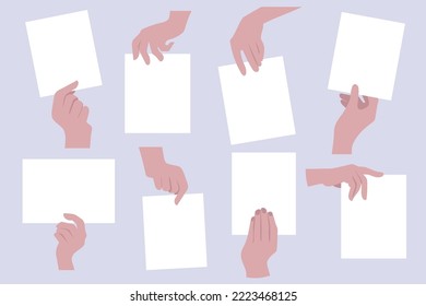 Set of cartoon hands with sheets of paper. Hand pose. Place for text. Hands holding banners.  Vector flat illustration. Protest poster.