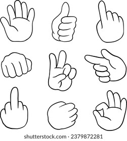 Set of cartoon hands showing various gestures. illustrations, line vector set 