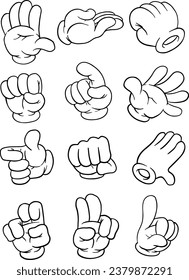 Set of cartoon hands showing various gestures. illustrations, line vector set 