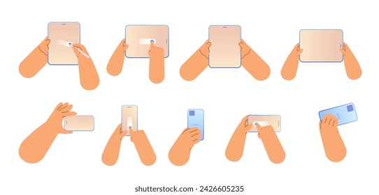 Conjunto de manos de dibujos animados con tableta y teléfono. Elementos vectoriales de usuario de gadgets 