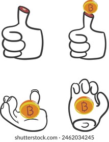 Set of cartoon hands with thumb cut off and golden coin.