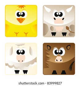Set of cartoon happy animal set - horse, sheep, cow and chicken isolation over white background