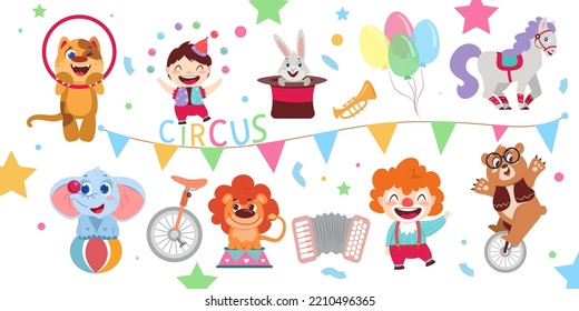 Set of cartoon happy artists, funny performers animals and decoration in amusement park or circus. Juggler, clown, elephant on ball, bear on bicycle, lion on stage, rabbit in magic hat show carnival.