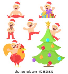 Set with cartoon happy baby boy in christmas santa hat in different poses. Vector kid in flat style illustration isolated on white background