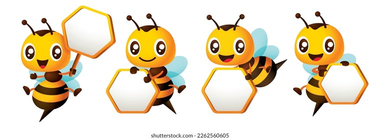 Juego de dibujos animados de personajes de abejas felices con carteles en forma de pancarta de miel vacíos. Proteger la ilustración del vector de concepto del entorno