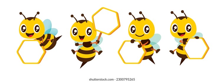 Set of cartoon happy bee character holding empty honeycomb shaped signboard. Protect the environment concept vector flat design