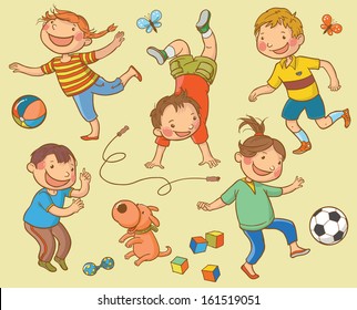 Set of Cartoon Happy Children Playing. Back to School isolated objects on white background. Great illustration for a school books and more. VECTOR.