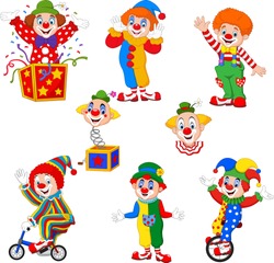 Set Of Cartoon Happy Clowns In Different Poses