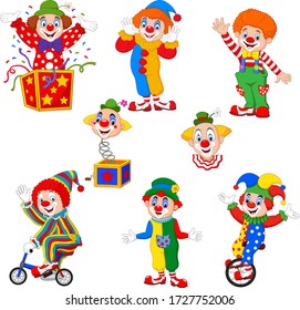 Set of cartoon happy clowns in different poses