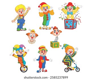 Set of cartoon happy clowns in different actions vector illustration