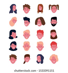 set of cartoon happy people faces smiling over white background, colorful design. vector illustration