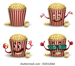 Set of cartoon happy popcorn basket with different emotions. One popcorn basket wears 3d glasses. vector illustrations