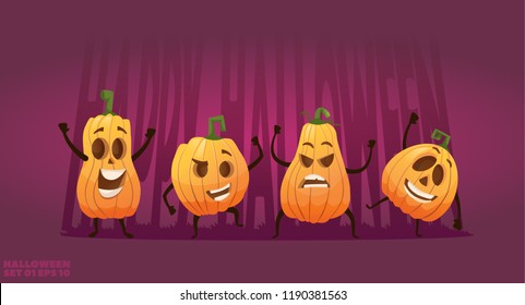 Set of cartoon happy pumpkin characters halloween heads with different emotions and smiles. vector illustration 