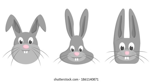 Set of cartoon hares. Different shapes of animal faces.