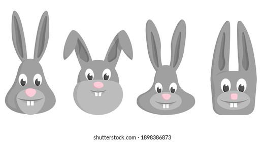 Set of cartoon hares. Different shapes of animal heads.