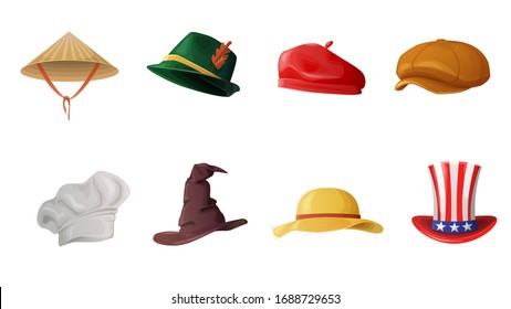 Set cartoon hat carnival costume characters isolated on white background. Collection of various headwear accessory cook, witch, robin hood, asian, beret, cap, uncle sam vector graphic illustration