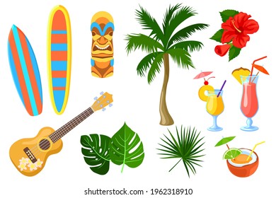 Set of cartoon Hawaiian and travel symbols. Flat vector illustration. Colorful collection of guitar, surf board, tiki mask, fauna, cocktails, hibiscus flower, palm. Culture, travel, tropical concept