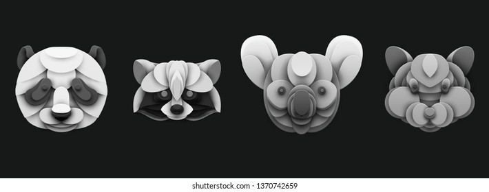 Set of cartoon head animals in trendy paper cut craft graphic style. Panda, raccoon, koala, hamster. Modern design for advertising, branding greeting card, cover, poster, banner. Vector illustration