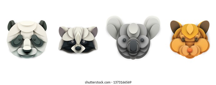 Set of cartoon head animals in trendy paper cut craft graphic style. Panda, raccoon, koala, hamster. Modern design for advertising, branding greeting card, cover, poster, banner. Vector illustration