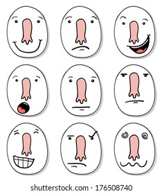 Set of cartoon heads with a big nose and different expressions