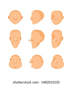 Set Of Cartoon Heads, Front View, Side View And Three Quarters. Face Templates. Vector Illustration