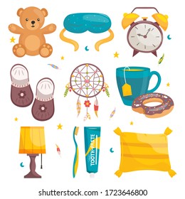 Set cartoon healthy sleep equipment vector illustration isolated on white background. Teddy bear, mask, alarm clock, slippers, sleep catcher, tea cup with donut, lamp, tooth paste and brush, pillow.