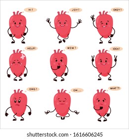 Set of cartoon heart characters. Collection of Cute human internal organ with different emotions, caricature, animation. Vector illustration
