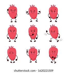 Set of cartoon heart characters. Collection of Cute human internal organ with different emotions, caricature, animation. Vector illustration