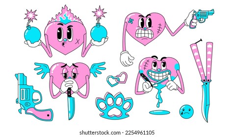 Set of cartoon heart characters in retro groove design. Valentine's Day design elements in 90s, y2k neon style 