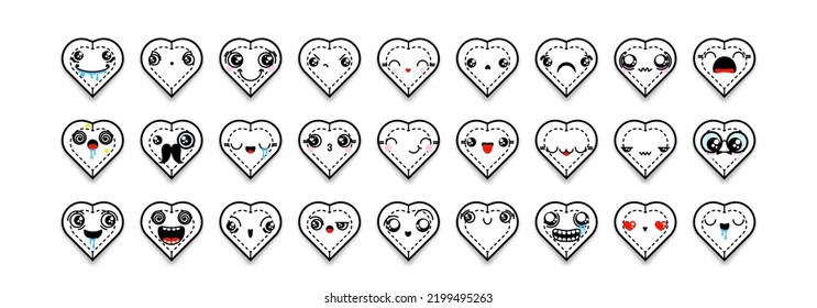 Set of cartoon heart icons with different emotions, smile, faces. Mixed outline doodle emoticons. Vector gem illustration