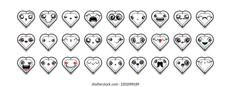 Set of cartoon heart icons with different emotions, smile, faces. Mixed outline doodle emoticons. Vector gem illustration