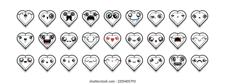 Set of cartoon heart icons with different emotions, smile, faces. Mixed outline doodle emoticons. Vector gem illustration