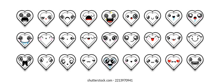Set of cartoon heart icons with different emotions, smile, faces. Mixed outline doodle emoticons. Vector gem illustration