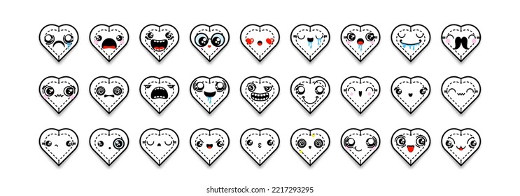 Set of cartoon heart icons with different emotions, smile, faces. Mixed outline doodle emoticons. Vector gem illustration