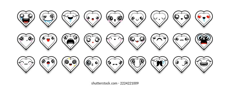 Set of cartoon heart icons with different emotions, smile, faces. Mixed outline doodle emoticons. Vector gem illustration