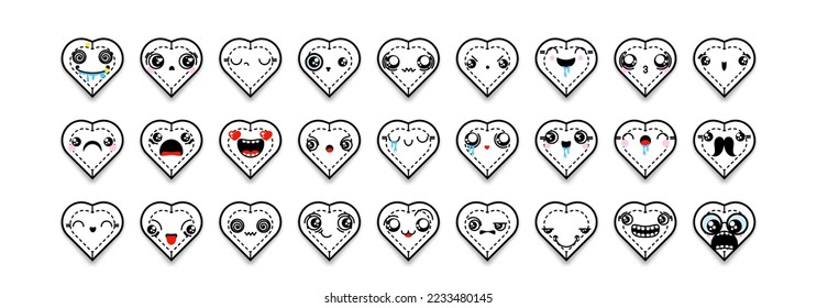 Set of cartoon heart icons with different emotions, smile, faces. Mixed outline doodle emoticons. Vector gem illustration