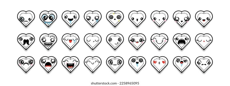 Set of cartoon heart icons with different emotions, smile, faces. Mixed outline doodle emoticons. Vector gem illustration