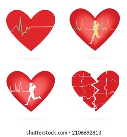 conjunto de corazones de caricatura, un corazón roto con una grieta, doblado en un rompecabezas y un hombre en marcha con un latido rápido del corazón. Ilustración en un estilo vectorial plano.