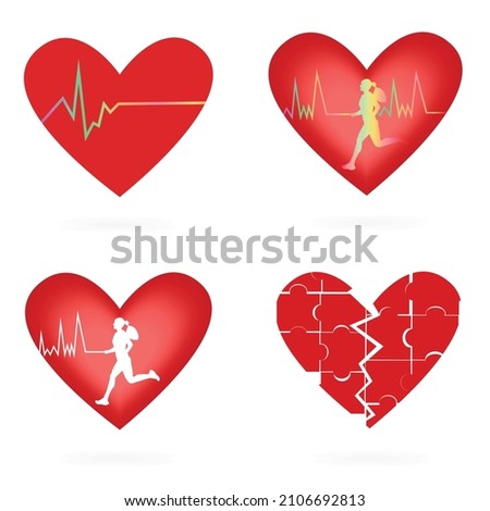 set of cartoon hearts, a broken heart with a crack, folded into a puzzle and a running man with a rapid heartbeat. Illustration in a flat vector style.