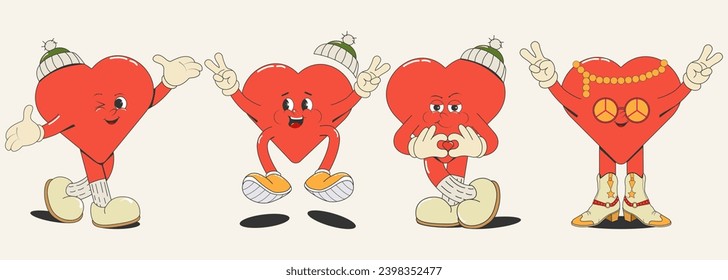 set of cartoon hearts in different poses,with different emotions, isolated on a white background.Design elements, prints,stickers,posters for Valentine's day.Vector illustration in retro style,50s-60s