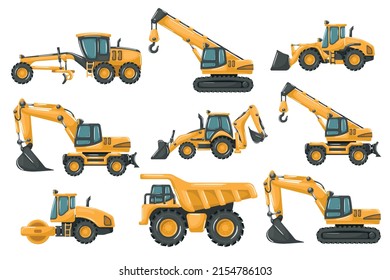 Set of cartoon heavy machinery for construction and mining, motor grader, backhoe, telescopic crane wheels, mining truck, telescopic crane, wheel excavator, excavator, front loader and soil compactor