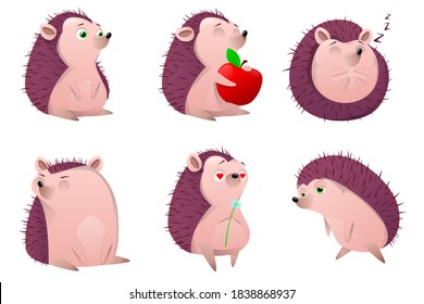 Set of cartoon hedgehog character. Cartoon prickly animal  in different poses on a white background.  Forest animal, spiny mammal. Cute hedgehog with apple and mushrooms. Vector illustration