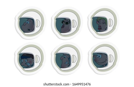 Set of cartoon helmets with astronauts. Vector illustration in the form of stickers.