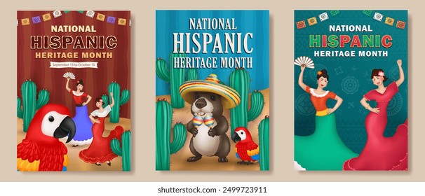 Set of cartoon Hispanic Heritage Month greeting cards with ethnic paper flags, 3d cute Macaw parrot, capybara in sombrero with maracas and Latin female Flamenco dancers among cacti in a dessert