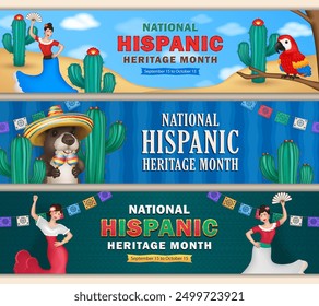 Set of cartoon Hispanic Heritage Month panoramic banners with ethnic paper flags, 3d cute Macaw parrot, capybara in sombrero with maracas and Latin female Flamenco dancers among cacti in a dessert