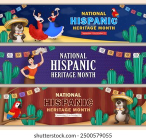 Set von Cartoon Hispanic Heritage Monat Panorama-Banner mit Frauen tanzen mit niedlichen Capybara in Sombrero mit Maracas und Ara Papagei zwischen Kakteen und Papel Picado Streamer. Lateinamerikanische Kultur