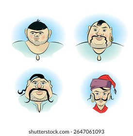 Conjunto de personagens históricos de desenhos animados. Cabeças masculinas sobre fundo branco. Ilustração de arte vetorial