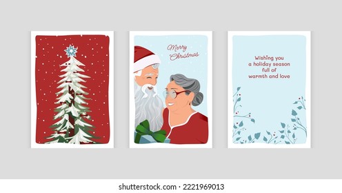 Juego de caricaturas de las tarjetas navideñas de los adultos mayores felices y decoraciones de árboles de Navidad. Árbol de Navidad con fondo nevado. Santa Claus le da un regalo a la Sra. Claus. Saludos de Año Nuevo.