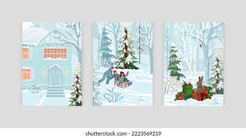 Set of cartoon holiday cards of happy children sledding, cute illustrations of surprise gift boxes, Christmas decorations and rabbit. A beautiful house in a snowy forest. Rabbit in a gift box