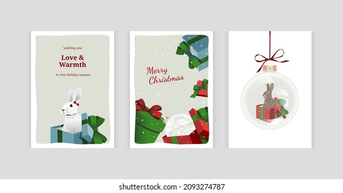 Set of cartoon holiday cards "Merry Christmas" and "Happy New Year" with cute illustrations of surprise gift boxes, Christmas tree decorations and white rabbit.